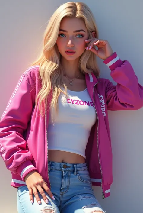 (photorealism:1.2), beautiful woman, 
Create a 3D illustration of a young woman with long blonde hair and blue eyes, who wears a casual outfit consisting of a fuchsia jacket with the CYZONE logo, a WHITE t-shirt and some light blue ripped jeans. It&#39;s r...