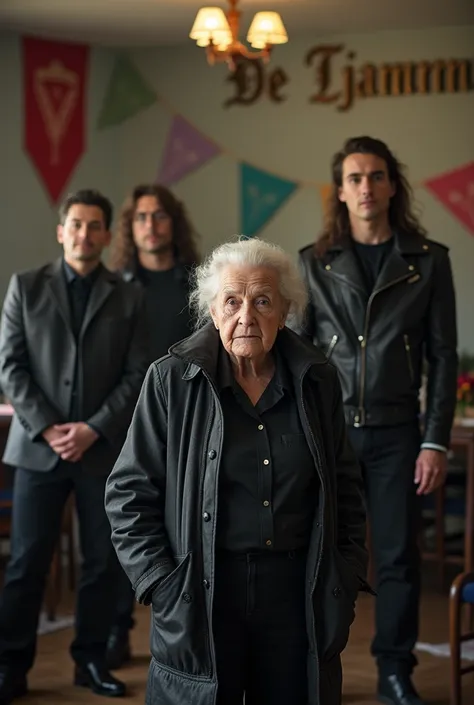 Photo realistic photo of a fan day of the German metal band Rammstein. It is situated in an elderly home. The members of the band are looking sad and standing on stage. Banners of Rammstein are hanging in the room. The name of the elderly home "de Tjamme" ...