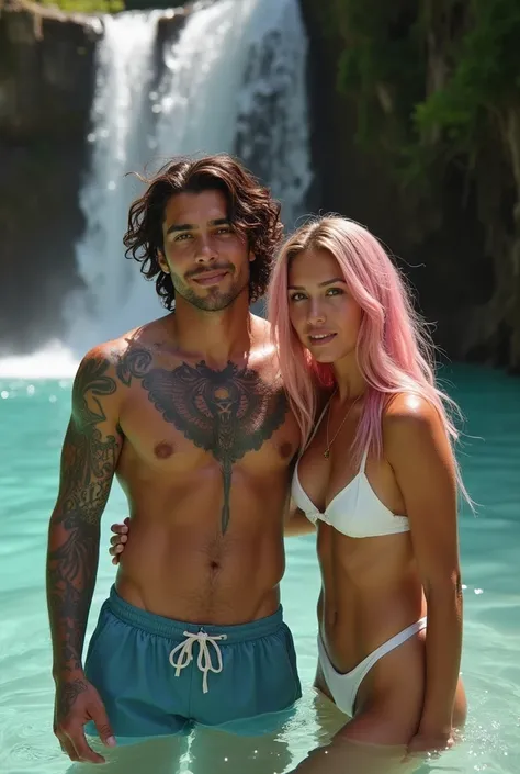  Damiano Woods a very young man with white skin full of tattoos,wavy brown hair rockero  ,brown eyes,  wearing swim shorts swimming in waterfalls during the day with his girlfriend, an 18-year-old girl, with brown eyes and extra long pink hair .  Latino fa...