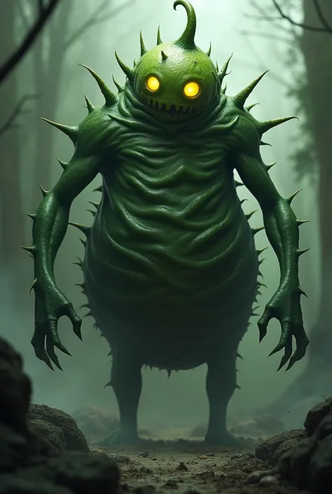 A  zucchini like monster with spiny ridges, glowing yellow eyes, stands