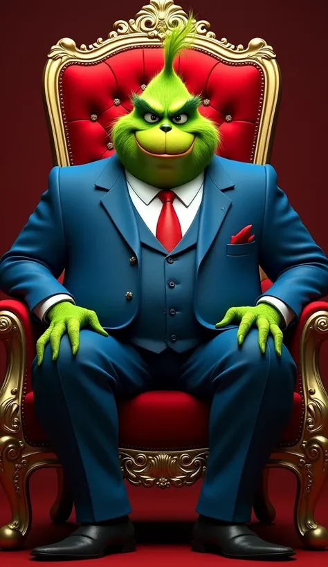 a realistic full-body photo, do grinch, Is he fat, He is wearing a blue suit and tie ,  shoes sitting on a royal red chair with dazzling gold details, 