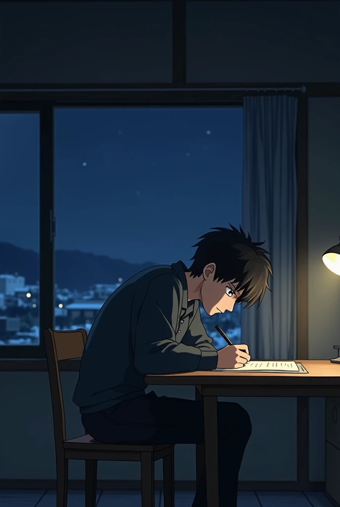 A japani anime man writing something in a cold midnight very deeply on a table and chair there is a window in background add some more darkness and deep