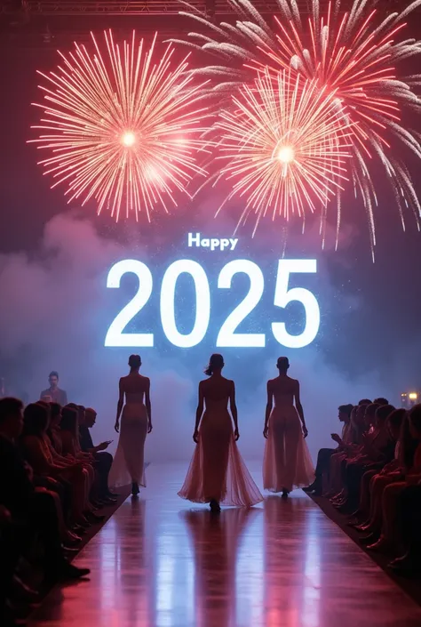  I want a runway with lots of fireworks and that says on a screen " Happy 2025 wishes you Saladillo Fashionmodels "