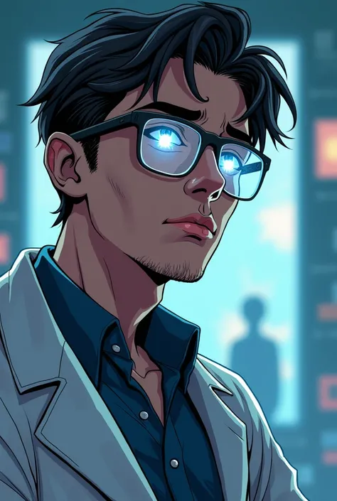 I want a picture with a background in the real world and in the foreground a scientist wearing glasses similar to Zeek Yeager glasses so that the light is reflected on both lenses of the glasses in a non-white color. I want all this in the manga or manhwa ...