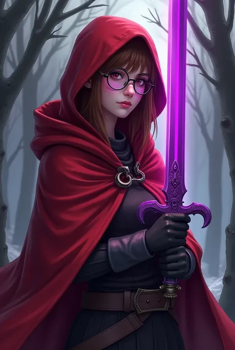  Game character ,  looking 18 years old , exorcist ,  in round glasses  ,  chestnut hair ,  not long and not short ,  mixed in mystical stories fanatic,  in a red cloak with a hood ,  with a purple sword , 