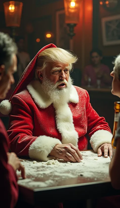 Hyperrealistic Christmas card showing Donald Trump dressed as Santa Claus, sitting drunk, in a Colombian bar, very happy snorting cocaine, with his face covered in white powder, on a table covered in white flour, cocaine and bottles, very drunk. Surrounded...