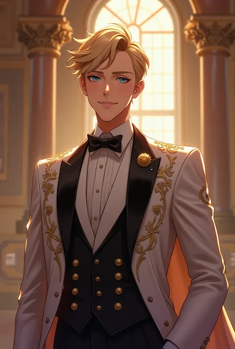 Young noble groom smiling and elegant .  Blonde and tall even looking like a young man. Anime.