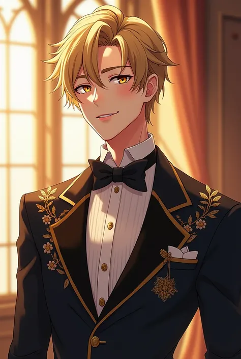 Young noble groom smiling and elegant .  Blonde and tall even looking like a young man. Anime.