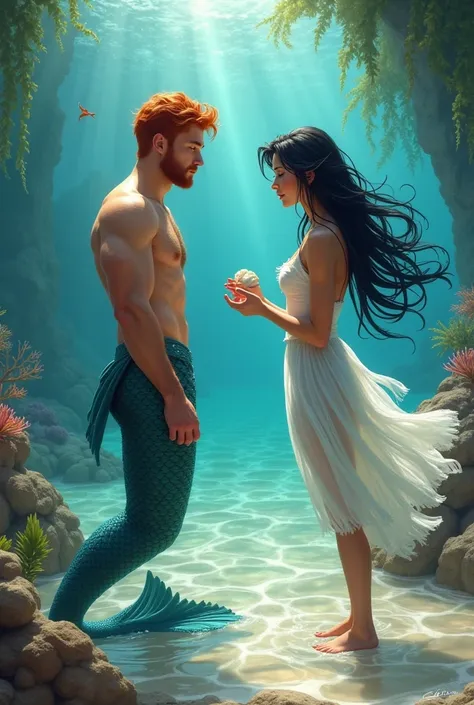 A red-haired mermaid man is waiting for a beautiful black-haired woman who is collecting seashells for him. On the sea