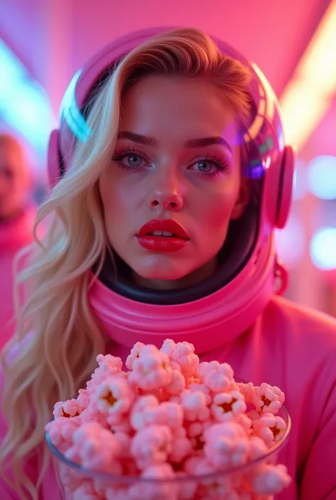 Analog ultra-realistic photo,   atompunk vibes, a perfect blonde ,  bubblegum popcorn, with  blonde hair and cherry red lips in a hot pink spacesuit , neon colours