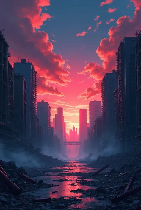 Create an anime-style setting of an empty and destroyed city,  With shades of red and blue .