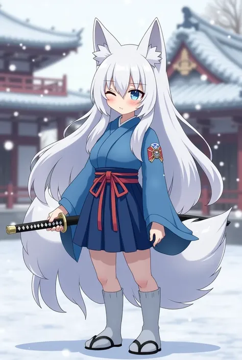 Half-closed eyes, tired expression, 1girl, anthro, furry, fur, fluffy fur, white fox girl, japanese temple background, white hair, blue eyes, long hair, full body, (19 years), medium breast, thighs, solo, (japanese temple), snow, snowing, half-closed eyes,...