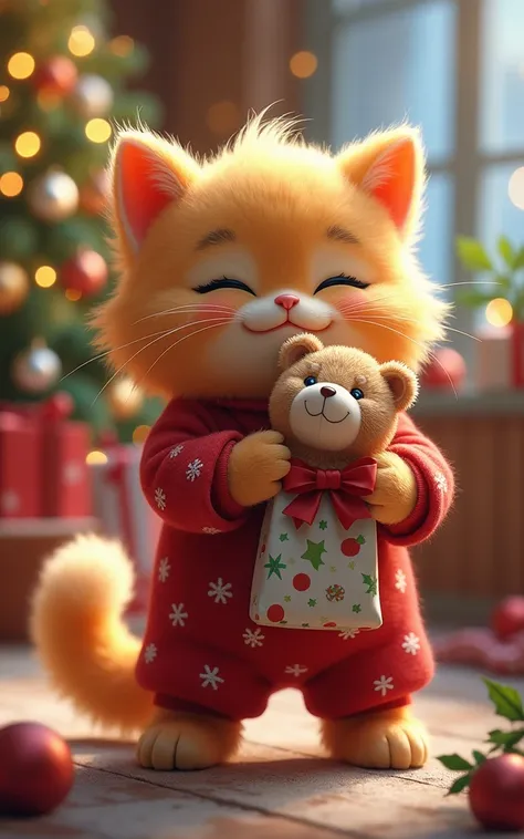 funny fluffy cat wearing Christmas pajamas holding a christmas bag with a bear,Christmas atmosphere 