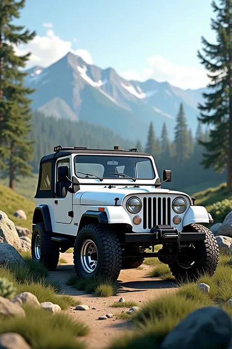 Jeep Wrangler 1995 YJ, white color, with landscape 