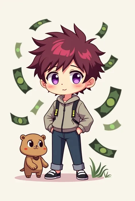  Create an image,  Create a boy with purple eyes ,  dark red hair , With him little one ,  with several green money bills falling around him, cute, Anime Style, Twitch emoji style, minimalist