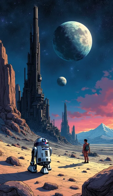 A towering dark tower standing on the lunar surface, with R2-D2 exploring the surroundings, illustrated in a comic book style, featuring a cosmic background, vibrant colors, detailed textures, sci-fi elements, dynamic lighting