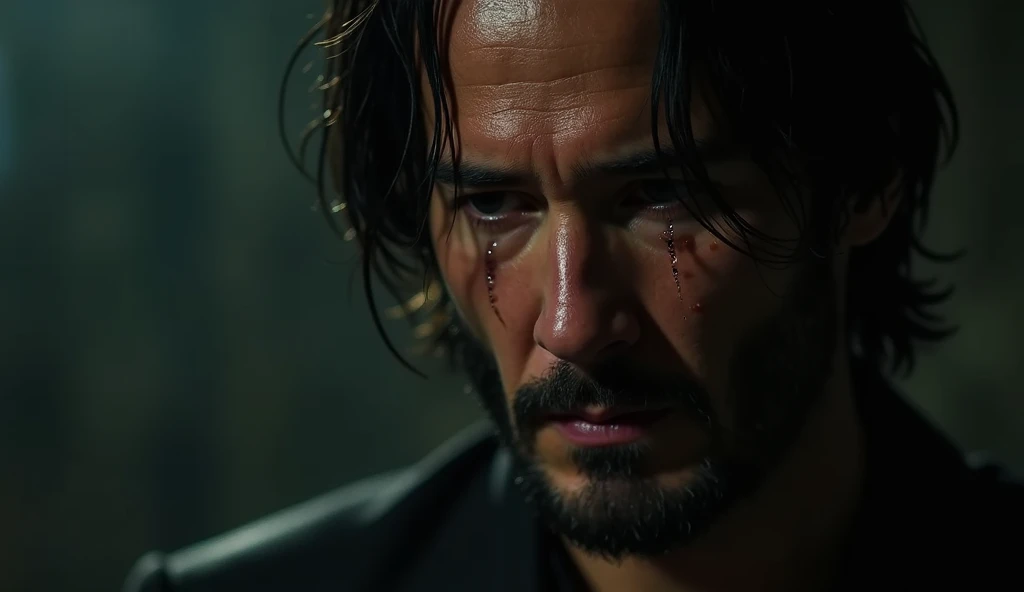 A dramatic, emotional portrait of Keanu Reeves crying, his face illuminated by soft, moody lighting. Tears stream down his cheeks, capturing a raw and vulnerable moment. His eyes are filled with deep emotion, reflecting pain, loss, or introspection. The ba...