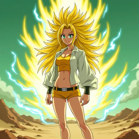 Create a woman with long spiked yellow hair and white shirt, tank top and short yellow shorts and green eyes and yellow eyeshadow, and she is screaming with a yellow aura with rays of blue energy surrounding the backdrop of a green desert floor with a gree...