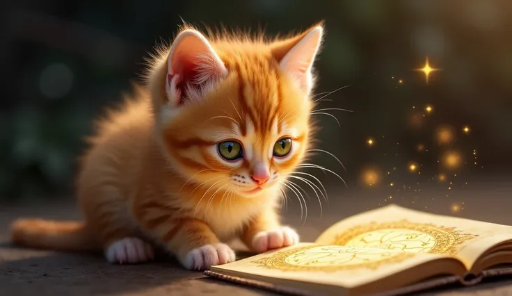 *"A small ginger kitten with soft, fluffy fur, featuring a blend of bright orange and lighter cream streaks. Its face is round and slightly chubby, giving it an irresistibly cute and youthful appearance. The kitten has a small, pink nose that glistens slig...