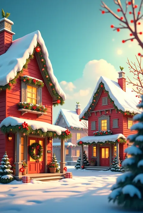 
A Christmas image, With decorated houses, with sun, No snow and no people nearby