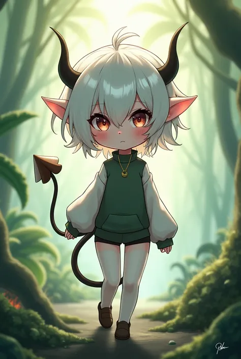 *ashura, a white-haired femboy, very cute and small.. With a tail and demon horn.. With short shorts, a long-sleeved shirt, and tights..*