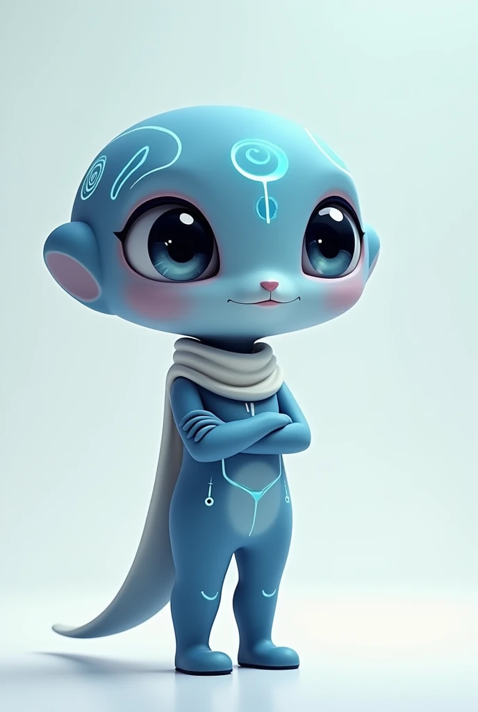 "A sophisticated yet whimsical cartoon character representing curiosity, thought, and imagination, designed for all age groups. The character features a sleek, semi-transparent bluish body with subtle glowing patterns and organic shapes that evoke the comp...