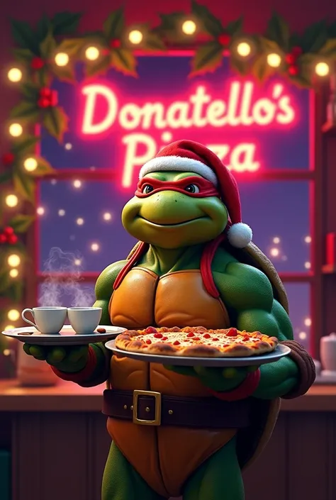 Donatello ninja turtle is wearing Christmas suit and holding a tray of pizza at his left hand and another tray of coffee at his right hand , standing at cafe decorated with Christmas decorations , Written DONATELLO’S PIZZA at behind , with deep purple neon...