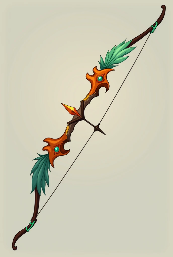  Make a bow for a Genshin Impact , Make it a good weapon to carry on adventures . It should have brown colors , orange, light green and turquoise . También decoraciones como molinillos de viento oranges con un punto amarillo en el centro,  character in add...