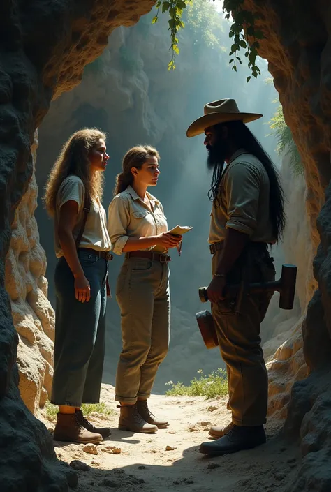 A cave with two women ,  a white woman farmer and a black woman journalist , and two men,  one wearing a cowboy hat and the other with hair on the back of the head and holding a sledgehammer 