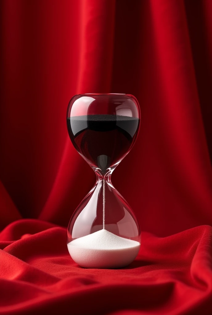 An hourglass lying one side black one side white on a red curtain 