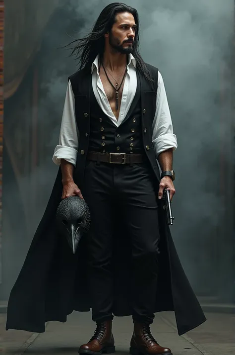 A man with long black hair with Tony Starks beard . A white blouse with a black top open top, black pants, brown boots and black smoke coming out from behind In the left hand a black raven mask and in the right hand a revolver