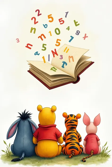 Winnie pooh, Bourriquet, tigrou et porcinet assis,  seen from the back ,  flies in front of them a large open book with colorful numbers and letters that, senvolent,  watercolor style 