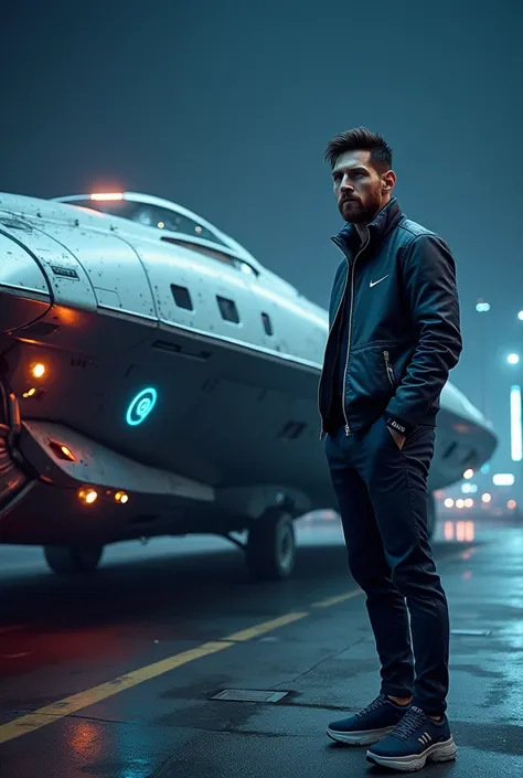 hyper-realistic image of Lionel Messi standing next to an advanced, futuristic spaceship. The spaceship is massive, with a sleek metallic design, glowing blue thrusters, and intricate detailing on its surface, including futuristic panels and lights. Messi ...