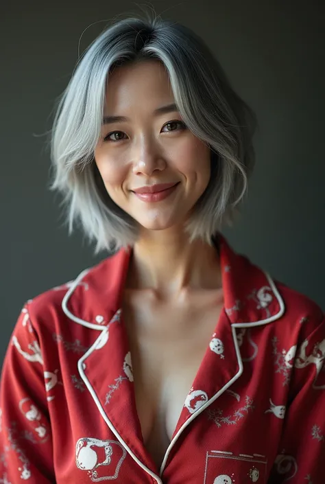 Extremely photorealistic a  beautiful yout hful looking fit and muscular Japanese women as a 50 years old wom an short comple tely hair in a short bob styles her graying hair transition from jet black fading to silver at the ends, her hair complements her ...