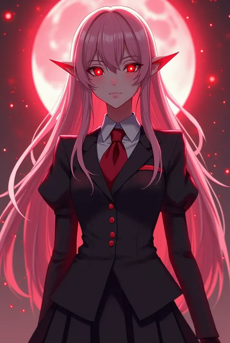 Hourglass Figure, Exorcist, No Horns, Pointed Ears, Woman, Long Light Pink Hair, Long Light Pink Eyelashes, Crimson Red Eyes, Wearing A School Uniform From Blue Exorcist, 