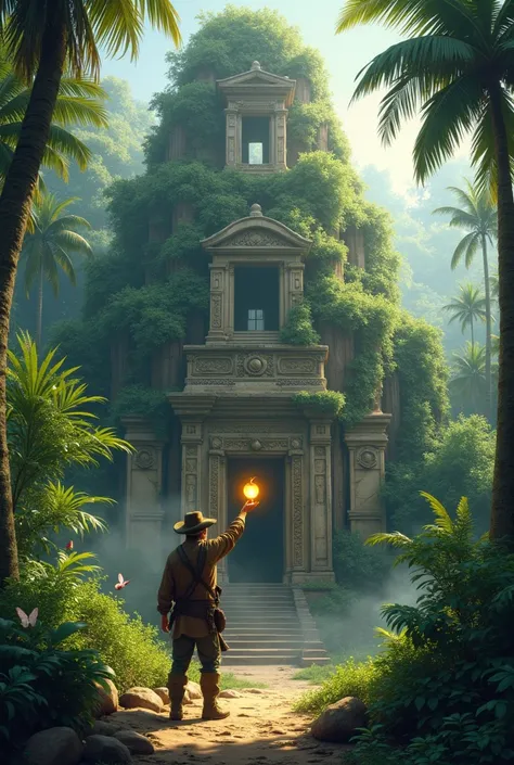 An adventurer holding a golden apple in front of an ancient temple in the jungle