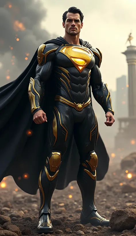 Superman in an iconic black and gold suit, inspired by futuristic armor designs, standing on a battlefield amidst glowing embers. His suit is crafted with a blend of metallic black and glossy gold panels, each piece reflecting light dynamically. The golden...