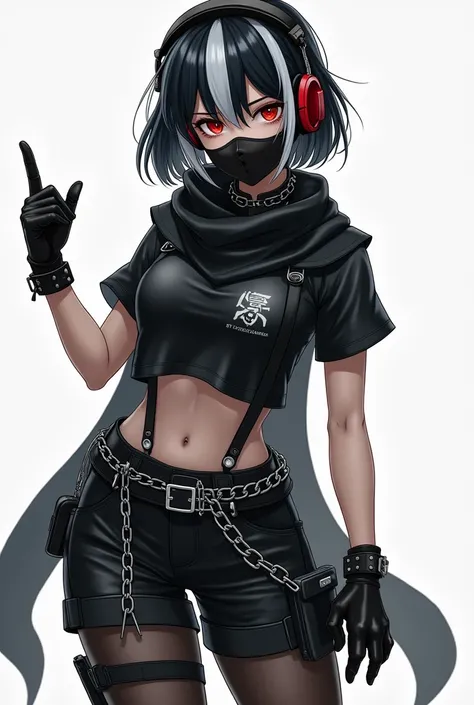  white-leather girl ,  with hair in a short mane ,  that was black with white highlights , with straight bangs, Black combat gloves , with military headphones  , a ghost zombie mask ,  with a black military scarf ,  with a black short sleeve top ,  a black...