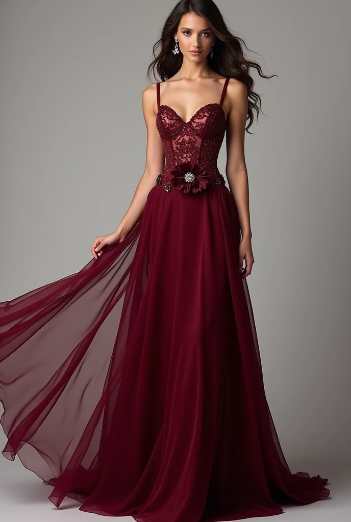 create a woman wearing a elegant burgundy evening gown. Here are the details:

Material: The dress is made from a sheer, flowing fabric that appears to be lightweight and transparent in places, creating a sensual and ethereal effect.
Color: A deep, rich bu...