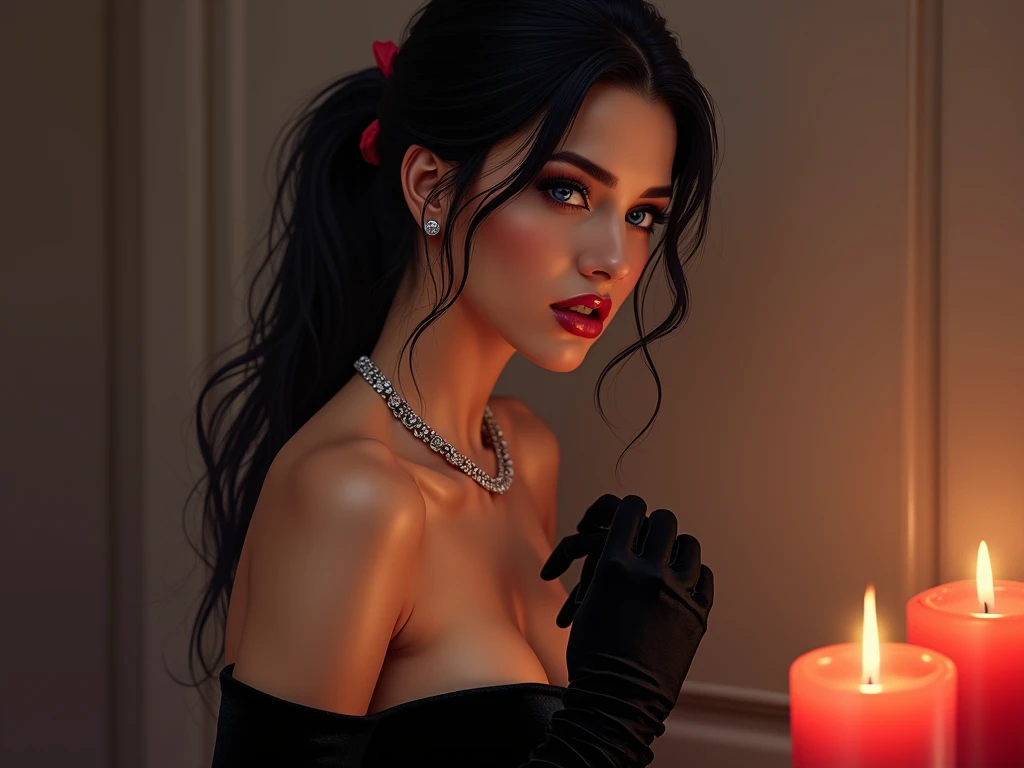    realistic illustrated image   ,   long jet-black hair tied in a low ponytail   ,   deep dark sapphire blue eyes   ,white tea,   perfect and beautiful face   ,   full lips passion red   ,russian woman,  Fine and Delicate Features  ,   25 years ,  Megan F...