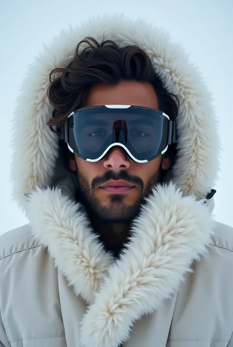 Francisco Lachowsky., a young man, 24 years old, square face, dark skin, eyes,wavy and messy dark hair,trimmed beard, short brown hair, muscular,wearing a huge fluffy white coat with a hood that covers her completely, wearing ethereal black ski goggles