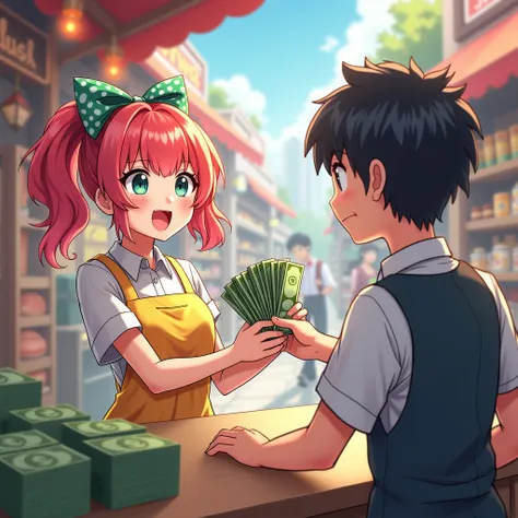 Money, the customer is paying of their own free will, please enjoy the anime style