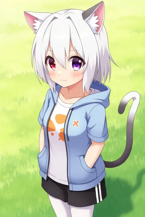   A girl with cat ears ， a black cat tail ， a white cat tail ， a gray cat tail ， two white cat ears ， with a touch of gray on the tip of the right ear ，Red pupil of the left eye，Right eye purple pupil ， top, white short-sleeved t-shirt ， with half an orang...