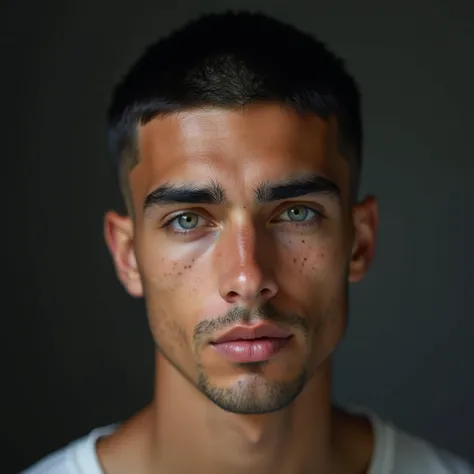 A model portrait headshot photo of a sexy 20 year old egyptian swedish ethnic male with thick eyebrows and chiseled jawline with short black undercut hair and clean shaved with silver eyes. Extremely handsome with light freckles