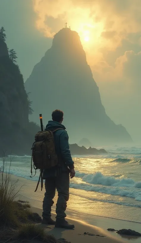 Scene of an explorer looking at the island from a beach , On your face there is fear and surprise,  as rays of light attempt to cross the thick fog