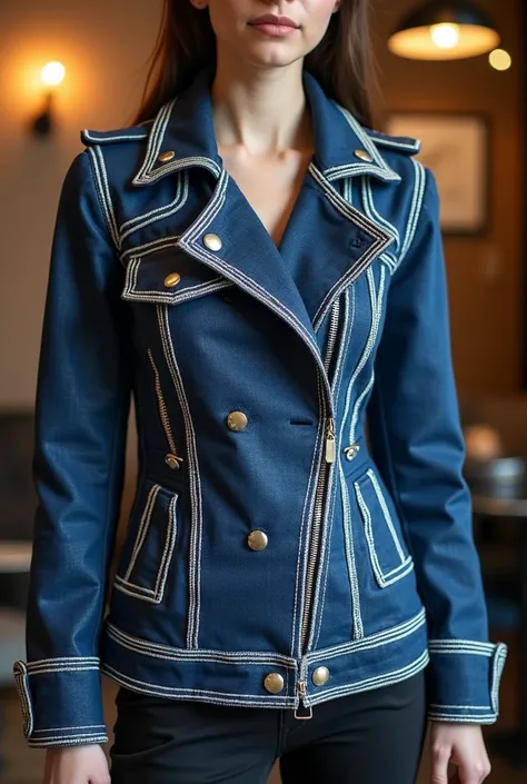 "A unique and trendy denim jacket featuring a deep indigo color with a structured, tailored fit. The design includes standout details such as buckles, metallic hooks, and asymmetrical stitching to give it a modern, edgy appearance. The stitching is promine...