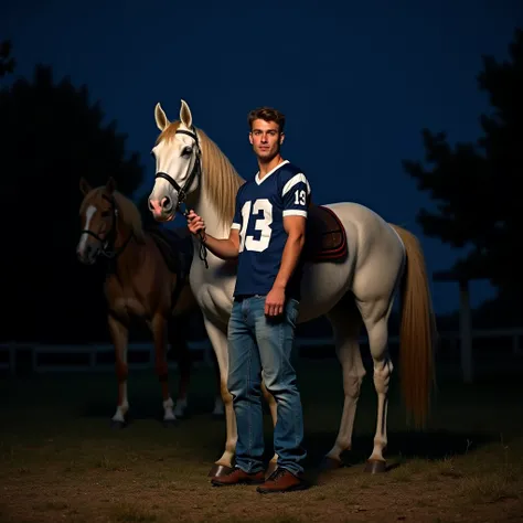 A young man in an outdoor setting at night ,  wearing a blue American football jersey with the number 13, loose jeans and athletic sneakers .  He holds the halter of a light horse ,  while a second horse appears in the background . the background is dark, ...