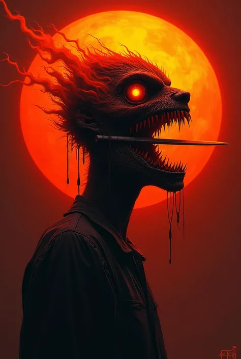 red circle , burning sun ,  fiery red transitioning to orange . In the Fuchskopf circle without a neck in the side profile , creepy,  glowing eye ,  teeth are flared , , a knife is held between the upper and lower jaw.