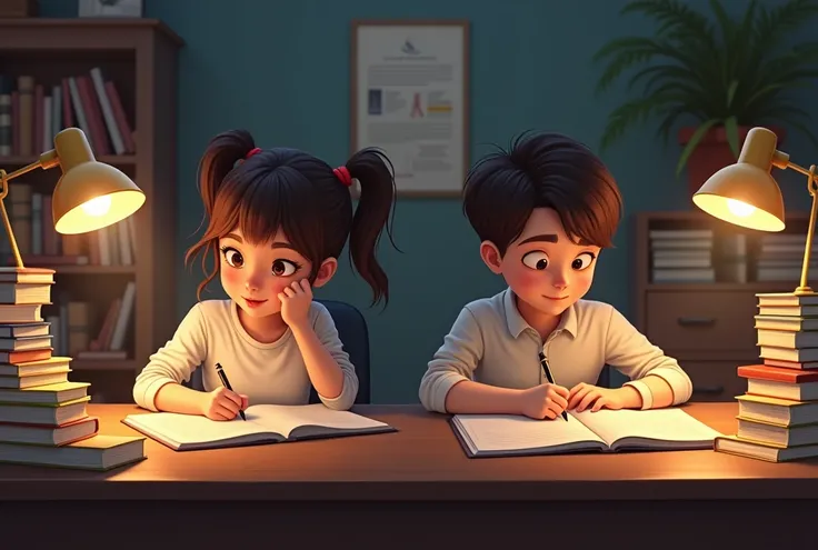 A boy and a girl are sitting at their respective desks, surrounded by books and notes. They are concentrating, writing in their notebook with a satisfied smile, while a lamp illuminates each workspace. On the wall, there is a poster.