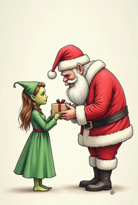 Santa Claus Gives a Baby Gift to a Green Woman Cartoons, like a draw pencil drawing and not a gift but a baby